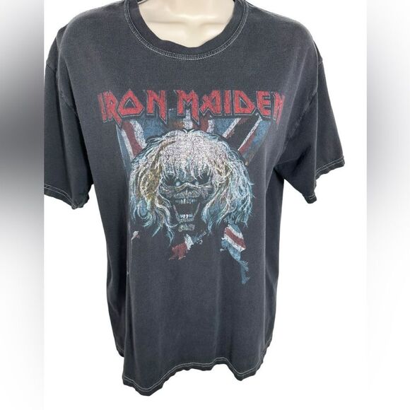 Vintage Iron Maiden Black Skull Head British Flag Graphic T Shirt - Picture 2 of 5